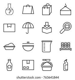 Thin line icon set : round flask, shopping bag, loading crane, package box, dry cargo, search, washing, cauldron, measuring cup, spices, ketchup, powder, toilet cleanser