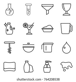 Thin line icon set : round flask, vial, funnel, wineglass, cleanser, cocktail, washing, cup, corkscrew, cauldron, measuring, drop, sponge, shampoo, liquid soap, spot