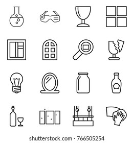 Thin line icon set : round flask, smart glasses, wineglass, window, arch, cargo search, broken, bulb, mirror, bank, ketchup, wine, clean, skysrcapers cleaning, wiping
