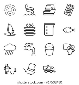 Thin line icon set : round around, aquapark, cruise ship, inflatable mattress, windsurfing, plate washing, measuring cup, fish, rain cloud, water tap, bucket, wiping, toilet cleaning, floor