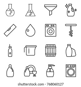 Thin line icon set : round flask, funnel, cleanser, level, drop, washing machine, corkscrew, vegetable oil, measuring cup, barrel, shampoo, dish, liquid soap