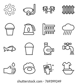 Thin line icon set : round around, diving mask, palm hammock, radiator, bucket, kettle, watering, rain cloud, fish, water pump, tap, hand drop, soap, wiping, handle washing