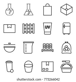 Thin line icon set : round flask, shopping bag, box, package, pallet, uv cream, fridge, cauldron, measuring cup, spices, garbage, trash bin, bucket, washing powder