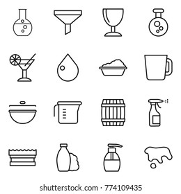 Thin line icon set : round flask, funnel, wineglass, chemical, cocktail, drop, washing, cup, cauldron, measuring, barrel, sprayer, sponge, shampoo, liquid soap, spot