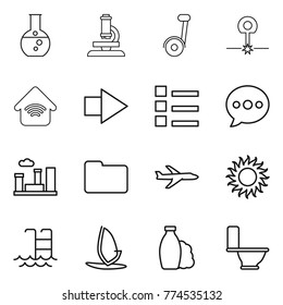 Thin line icon set : round flask, microscope, laser, wireless home, right arrow, list, balloon, city, documents, plane, sun, pool, windsurfing, shampoo, toilet