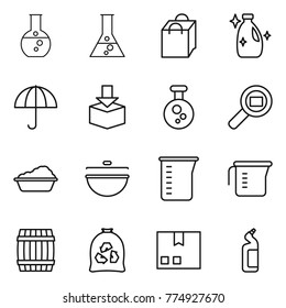 Thin line icon set : round flask, shopping bag, cleanser, dry cargo, package, chemical, search, washing, cauldron, measuring cup, barrel, garbage, toilet