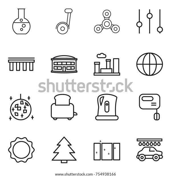 thin line\
icon set : round flask, spinner, equalizer, bridge, airport\
building, city, globe, disco ball, toaster, kettle, mixer,\
induction oven, spruce, clean window, car\
wash