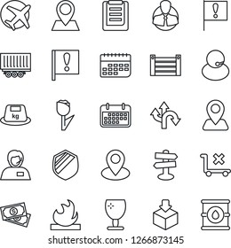 Thin Line Icon Set - route vector, signpost, navigation, pin, important flag, plane, cash, support, client, truck trailer, term, container, clipboard, fragile, no trolley, tulip, package, shield