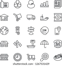 Thin Line Icon Set - route vector, signpost, earth, store, office phone, 24 hours, support, client, mobile tracking, sea shipping, car delivery, clock, receipt, cargo, umbrella, no hook, warehouse