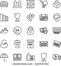 Thin Line Icon Set - route vector, signpost, store, cash, office phone, 24 hours, support, sea shipping, truck trailer, term, fragile, cargo, umbrella, up side sign, package, sorting, shield, heavy
