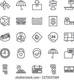 Thin Line Icon Set - route vector, signpost, navigation, railroad, plane, 24 hours, client, cargo container, clock, term, receipt, sea port, consolidated, folder document, umbrella, no hook, package