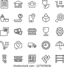 Thin Line Icon Set - route vector, railroad, store, cash, traffic light, mobile tracking, car delivery, clock, receipt, sea port, clipboard, folder document, fragile, umbrella, warehouse storage