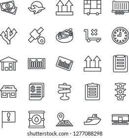 Thin Line Icon Set - route vector, signpost, navigation, important flag, store, plane, satellite, cash, traffic light, sea shipping, truck trailer, clock, receipt, consolidated cargo, clipboard