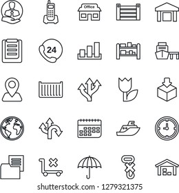 Thin Line Icon Set - route vector, navigation, earth, store, office phone, 24 hours, client, sea shipping, cargo container, clock, term, port, clipboard, folder document, umbrella, no trolley, hook