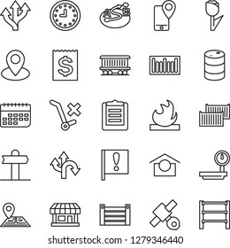 Thin Line Icon Set - route vector, signpost, navigation, pin, railroad, important flag, store, satellite, mobile tracking, cargo container, clock, term, receipt, clipboard, warehouse storage, tulip