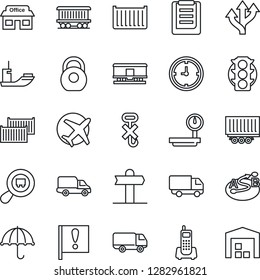 Thin Line Icon Set - route vector, signpost, railroad, important flag, store, plane, traffic light, office phone, sea shipping, truck trailer, cargo container, car delivery, clock, clipboard, heavy