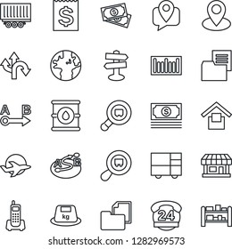 Thin Line Icon Set - route vector, signpost, earth, pin, store, plane, cash, office phone, 24 hours, mobile tracking, truck trailer, receipt, consolidated cargo, folder document, warehouse storage