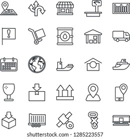 Thin Line Icon Set - route vector, navigation, earth, important flag, store, satellite, mobile tracking, sea shipping, truck trailer, car delivery, term, fragile, cargo, warehouse storage, no hook