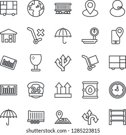 Thin Line Icon Set - route vector, navigation, earth, pin, railroad, 24 hours, support, mobile tracking, truck trailer, clock, consolidated cargo, fragile, umbrella, up side sign, no trolley, rack