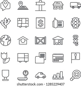 Thin Line Icon Set - route vector, signpost, navigation, earth, important flag, store, traffic light, office phone, mobile tracking, car delivery, term, receipt, container, consolidated cargo, tulip
