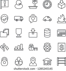 Thin Line Icon Set - route vector, navigation, important flag, traffic light, support, client, mobile tracking, car delivery, clock, term, receipt, sea port, folder document, fragile, warehouse