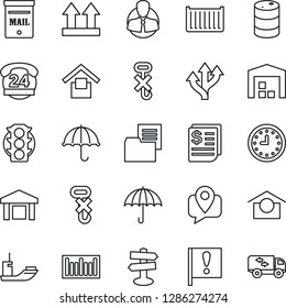 Thin Line Icon Set - route vector, signpost, important flag, traffic light, 24 hours, client, mobile tracking, sea shipping, cargo container, clock, receipt, folder document, umbrella, up side sign
