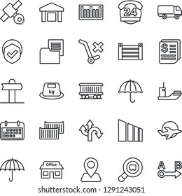 Thin Line Icon Set - route vector, signpost, navigation, railroad, store, plane, satellite, 24 hours, sea shipping, cargo container, car delivery, term, receipt, folder document, umbrella, warehouse