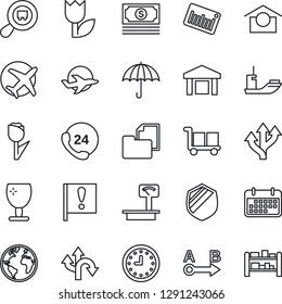 Thin Line Icon Set - route vector, earth, important flag, plane, cash, 24 hours, sea shipping, clock, term, folder document, fragile, cargo, umbrella, warehouse storage, tulip, shield, heavy scales