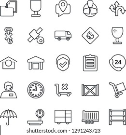 Thin Line Icon Set - route vector, satellite, 24 hours, support, client, mobile tracking, truck trailer, car delivery, clock, container, consolidated cargo, clipboard, folder document, fragile, hook