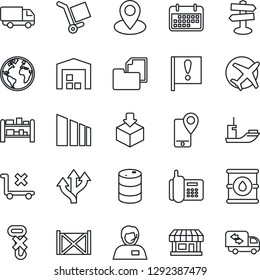 Thin Line Icon Set - route vector, signpost, earth, pin, important flag, store, plane, office phone, support, mobile tracking, sea shipping, car delivery, term, container, folder document, cargo