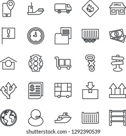 Thin Line Icon Set - route vector, signpost, earth, important flag, store, cash, traffic light, support, mobile tracking, sea shipping, truck trailer, cargo container, car delivery, clock, receipt