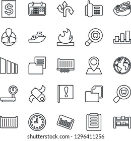 Thin Line Icon Set - route vector, earth, pin, important flag, satellite, office phone, client, sea shipping, truck trailer, cargo container, clock, term, receipt, clipboard, folder document, search