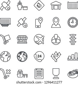 Thin Line Icon Set - route vector, earth, pin, store, plane, satellite, traffic light, 24 hours, client, mobile tracking, truck trailer, cargo container, clock, sea port, clipboard, fragile, sorting