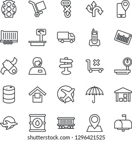Thin Line Icon Set - route vector, signpost, pin, railroad, plane, satellite, traffic light, office phone, support, mobile tracking, truck trailer, car delivery, cargo, umbrella, warehouse storage