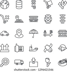 Thin Line Icon Set - route vector, navigation, earth, pin, railroad, store, plane, satellite, traffic light, office phone, sea shipping, car delivery, cargo, umbrella, up side sign, no trolley, hook