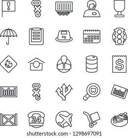 Thin Line Icon Set - route vector, important flag, plane, traffic light, 24 hours, support, client, truck trailer, term, receipt, container, clipboard, fragile, cargo, umbrella, warehouse storage