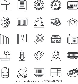Thin Line Icon Set - route vector, signpost, pin, railroad, important flag, store, satellite, cash, traffic light, office phone, truck trailer, cargo container, clock, term, consolidated, clipboard