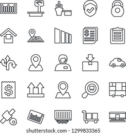 Thin Line Icon Set - route vector, navigation, pin, satellite, support, truck trailer, car delivery, receipt, sea port, consolidated cargo, clipboard, warehouse storage, up side sign, package, heavy