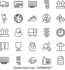 Thin Line Icon Set - route vector, signpost, earth, important flag, plane, satellite, traffic light, office phone, support, client, sea shipping, truck trailer, car delivery, clock, term, fragile