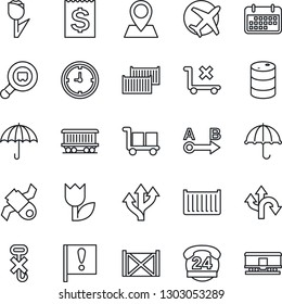 Thin Line Icon Set - route vector, pin, railroad, important flag, plane, satellite, 24 hours, cargo container, clock, term, receipt, umbrella, no trolley, hook, tulip, oil barrel, search