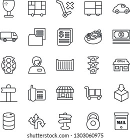Thin Line Icon Set - route vector, signpost, store, cash, traffic light, office phone, support, cargo container, car delivery, receipt, consolidated, folder document, fragile, no trolley, package