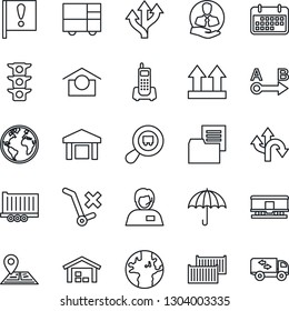 Thin Line Icon Set - route vector, navigation, earth, important flag, traffic light, office phone, support, client, truck trailer, cargo container, term, consolidated, folder document, umbrella