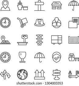 Thin Line Icon Set - route vector, signpost, navigation, earth, pin, store, traffic light, client, cargo container, clock, sea port, consolidated, folder document, fragile, umbrella, up side sign