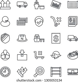 Thin Line Icon Set - route vector, plane, support, client, cargo container, car delivery, clock, receipt, sea port, up side sign, no trolley, package, shield, heavy, search, barcode, rack, railroad