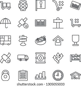 Thin Line Icon Set - route vector, signpost, important flag, satellite, traffic light, car delivery, clock, consolidated cargo, clipboard, fragile, umbrella, warehouse storage, no trolley, sorting