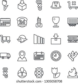 Thin Line Icon Set - route vector, pin, railroad, plane, traffic light, office phone, 24 hours, client, truck trailer, car delivery, clock, term, fragile, cargo, no trolley, hook, tulip, package