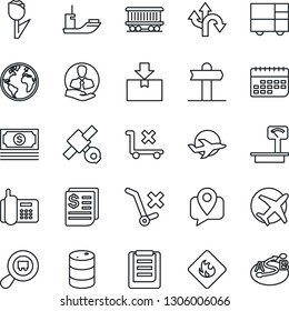Thin Line Icon Set - route vector, signpost, earth, railroad, plane, satellite, cash, office phone, client, mobile tracking, sea shipping, term, receipt, consolidated cargo, clipboard, no trolley