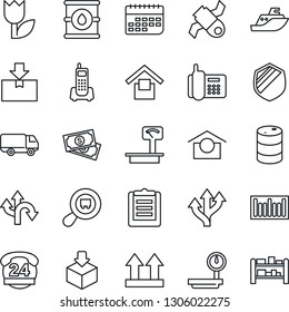 Thin Line Icon Set - route vector, satellite, cash, office phone, 24 hours, sea shipping, car delivery, term, clipboard, warehouse storage, up side sign, tulip, package, shield, oil barrel, barcode