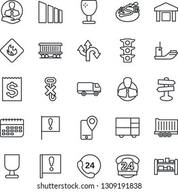 Thin Line Icon Set - route vector, signpost, railroad, important flag, traffic light, 24 hours, client, mobile tracking, sea shipping, truck trailer, car delivery, term, receipt, consolidated cargo