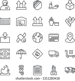 Thin Line Icon Set - route vector, earth, pin, satellite, office phone, support, sea shipping, cargo container, car delivery, term, port, clipboard, umbrella, up side sign, no trolley, hook, package